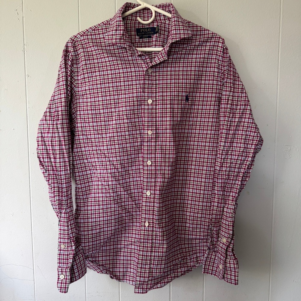Polo Ralph Lauren Slim Fit Shirt Mens Large Pink Plaid Button Down Long Sleeve‎